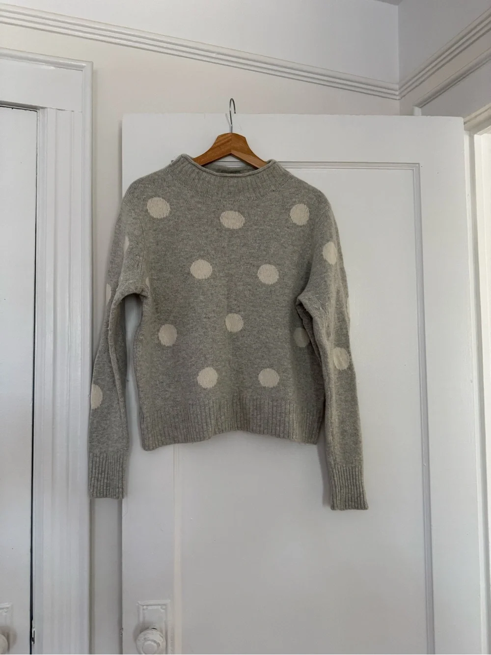 J. Crew Gray Crewneck Sweater with Cream Polka Dots